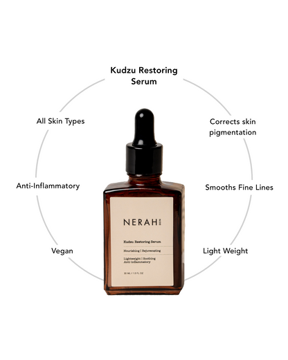 Kudzu Restoring Serum benefits: perfect for sensitive skin, smooths fine lines, reduces inflammation, and corrects skin pigmentation for a balanced, healthy complexion.