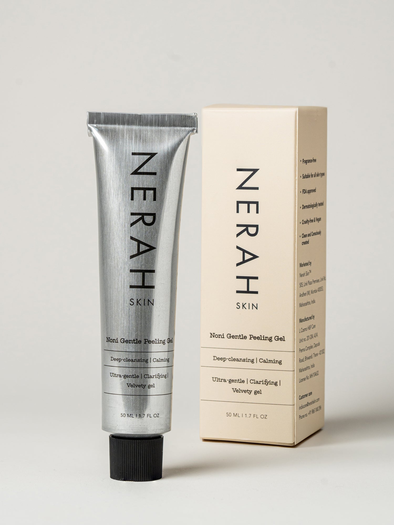 Gentle Noni Peeling Gel—mild exfoliation for smoother, brighter skin. Formulated with moisturizing Olive Squalene, 100% Natural Cellulose, and soothing antioxidants from Noni and Anantmool. Removes dead skin cells while keeping skin calm, refreshed, and balanced.